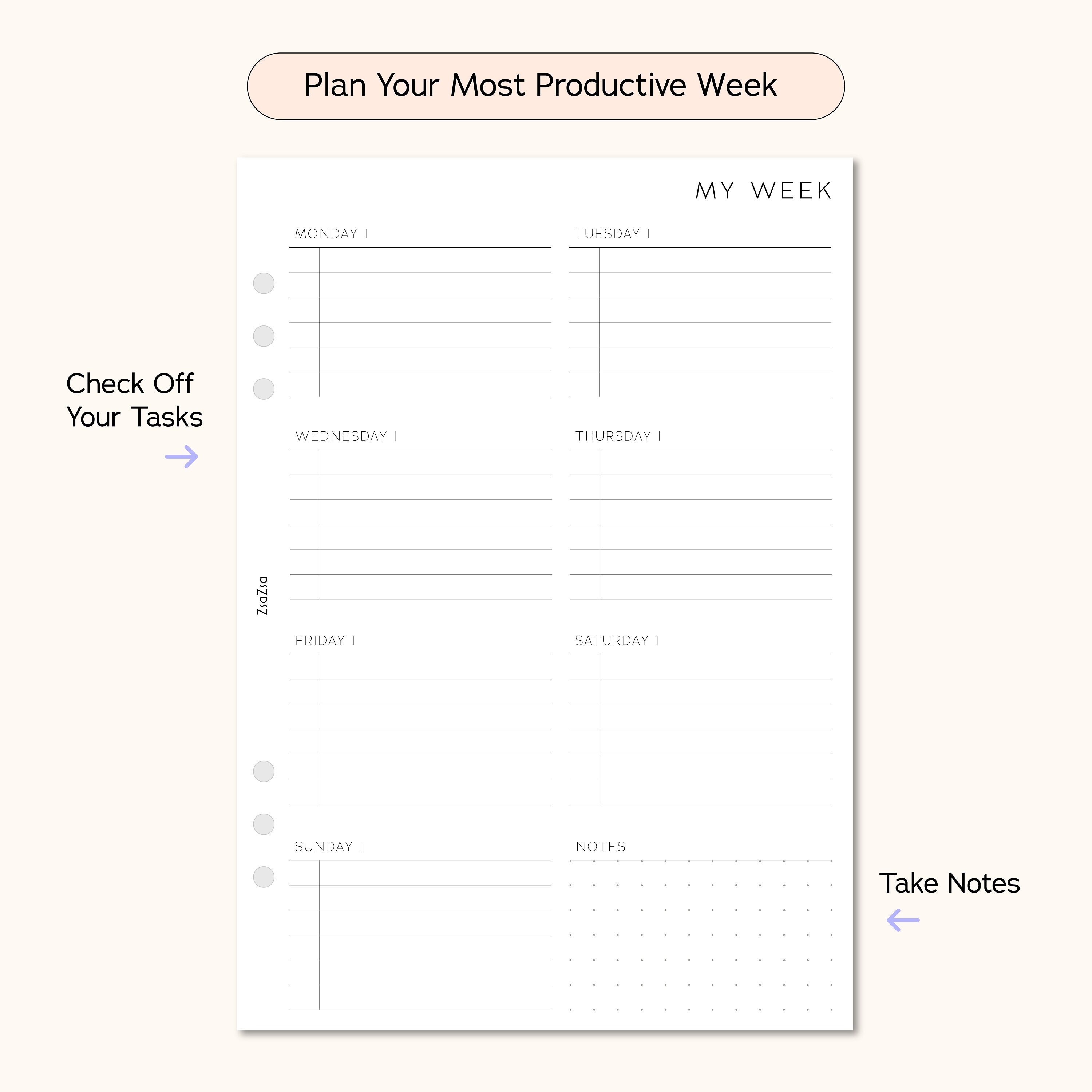 A5 Printable Week on One Page Planner Inserts, Weekly to Do List, A5 ...