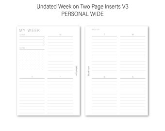 Printed Week on Two Page Planner Inserts, Weekly To Do List, Planner Inserts, Personal Wide Inserts