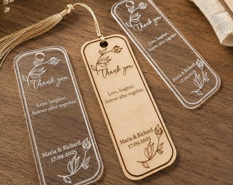 Marcadores de Livro Personalizados para Casamento | Marcador de Livro em Madeira ou Acrílico com Gravação Personalizada | Lembrança de Casamento | Presente para Chá de Panela