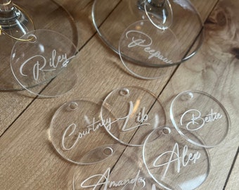 Personalized Wine Glass Charms, Custom Wedding Place Cards, Acrylic or Wooden Drink Tags
