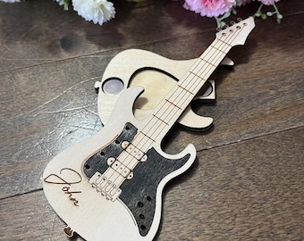 Personalized Guitar Pick Case: Wooden Electric Guitar Gift