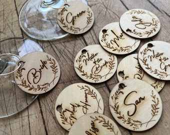Personalized Wine Glass Charms, Custom Wedding Drink Tags, Acrylic or Wooden Place Cards