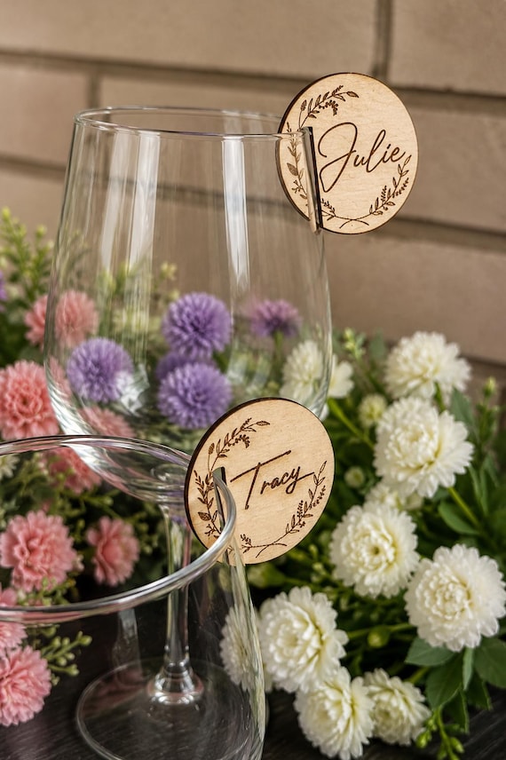 Personalized Wooden or Acrylic Wine Glass Charms: Decorative Wedding and Engagement Place Setting