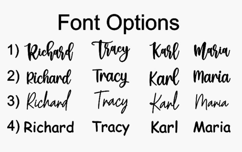 Puede incluir: Una tabla titulada Font Options que muestra cuatro filas numeradas de texto. Cada fila presenta los nombres Richard, Tracy, Karl y Maria en un estilo de fuente negro diferente, que var&iacute;a desde escrituras cursivas hasta una fuente sans-serif.