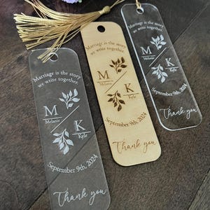 Personalized Wedding and Engagement Bookmark Favor: Engraved Wood or Acrylic