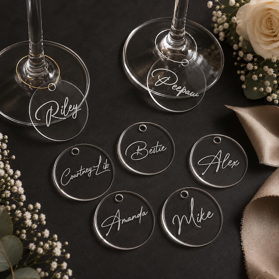 Personalized Wine Glass Charms, Custom Wedding Place Cards, Acrylic or Wooden Drink Tags