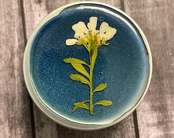 May include: A circular trinket dish with a silver rim and a shimmering, deep blue interior. A dried white flower with green leaves is set in resin. This handcrafted dish is ideal for small jewellery or keepsakes. The dish measures approximately 7.6 cm in diameter.