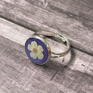 Botanical Ring, Adjustable, Plum Blossom, Real Flower, Purple, White Flower, Resin