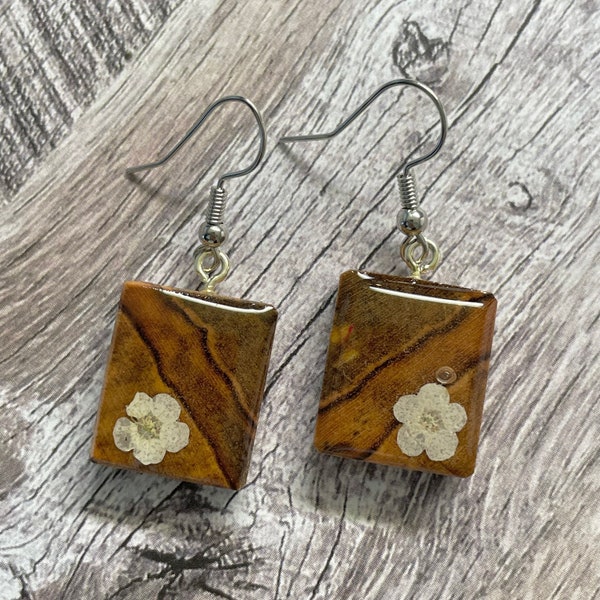 Small Rectangle Wood Earrings, Wood Dangles, Plum blossoms, Real Flowers, Wood, Resin, Nickel Free, Lightweight, White Flowers