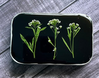 Decorative Tin, Storage Box, Metal Tin, Tin, Jewelry Box, Sewing Case, Teacher Gift, Alyssum, Resin, Black, Pressed Flowers, Altoid-size