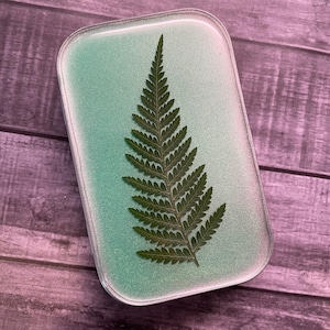 Green Resin Tin: Pressed Fern, Sewing Kit, Jewelry Case