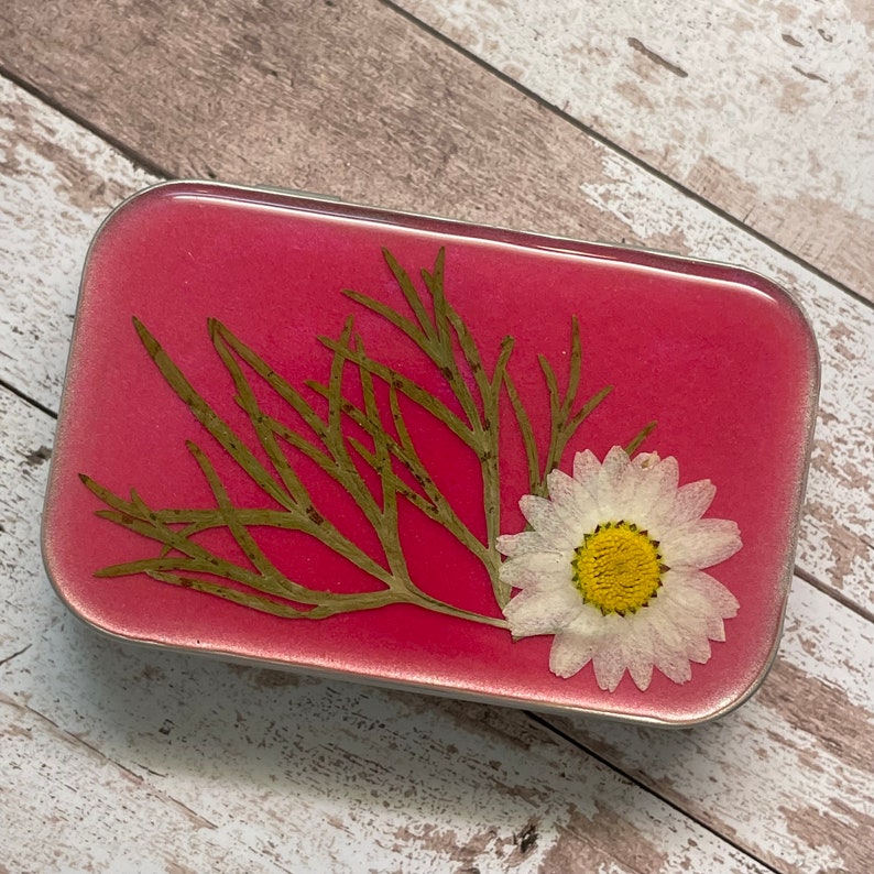 Decorative Tin, Storage Box, Metal Tin, Daisy, White Flower, Pink