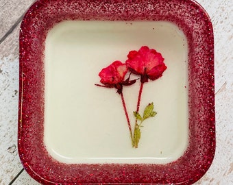 Square Shaped Trinket Bowl, Rose,  Resin, Red, Glitter, Pressed Flower, Ring Dish, Unique, Great Gift, Valentines Day, Love