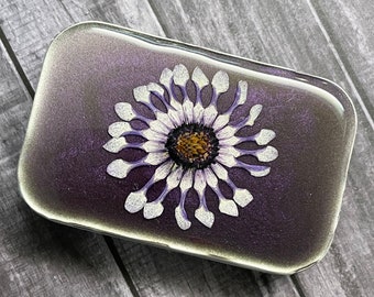 Decorative Tin, Purple, Jewelry Case, Resin, Cape Daisy, Pressed Flower, Altoid-size, Sewing Kit, Purse, Great Gift, Metal Tin