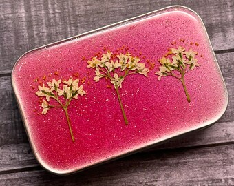 Decorative Tin, Viburnum, Resin, Pink, Glitter, White Flowers, Pressed Flowers, Altoid-size, Great Gift, Sewing Kit, Jewelry Case, Unique