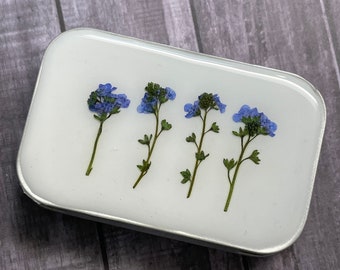 Decorative Tin, Storage Box, Metal Tin, Forget Me Not, Blue Flowers, Jewelry Case, Resin,  Pressed Flowers, Altoid-size, Sewing Kit, Purse