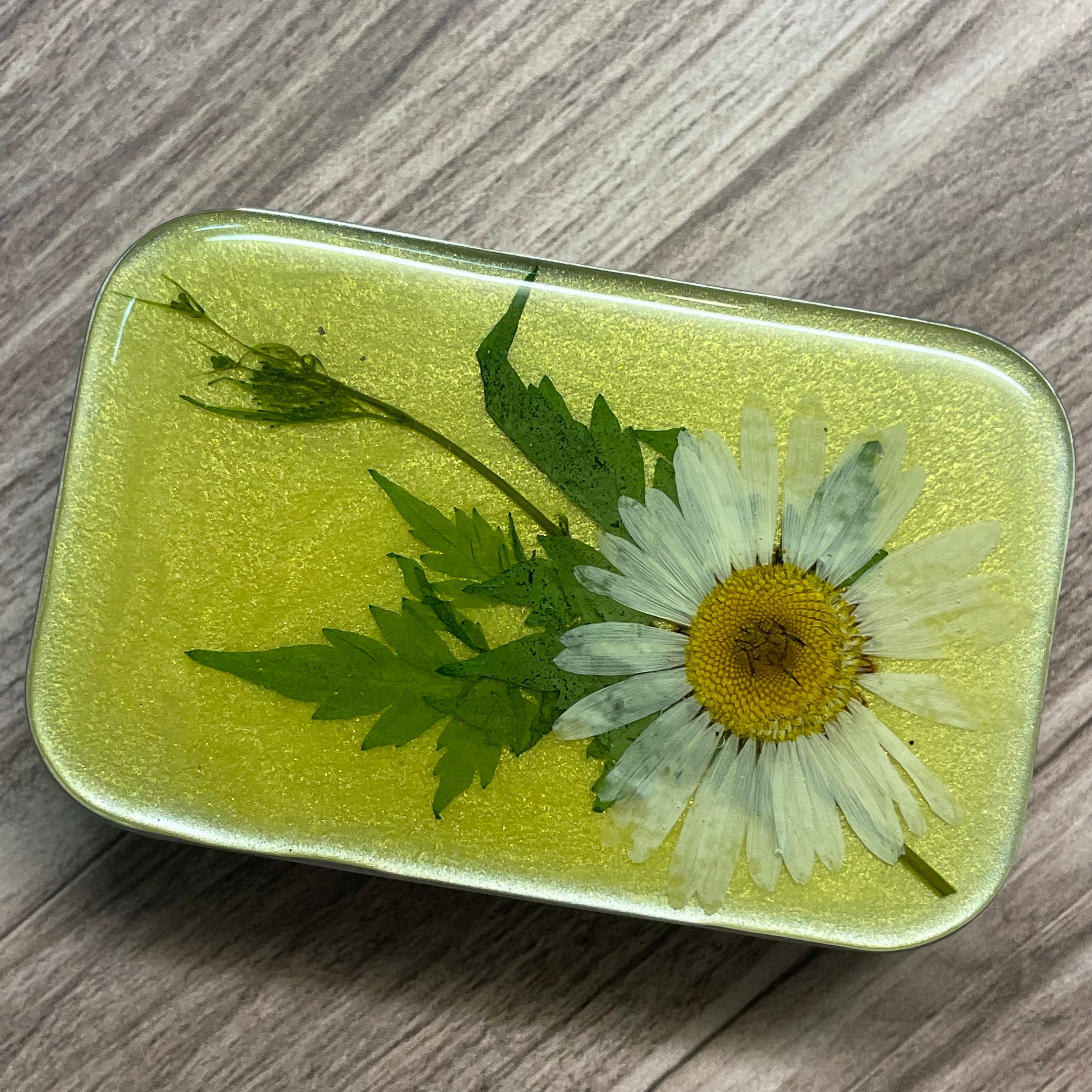 Decorative Tin, Jewelry Case, Resin, Daisy, Pressed Leaves