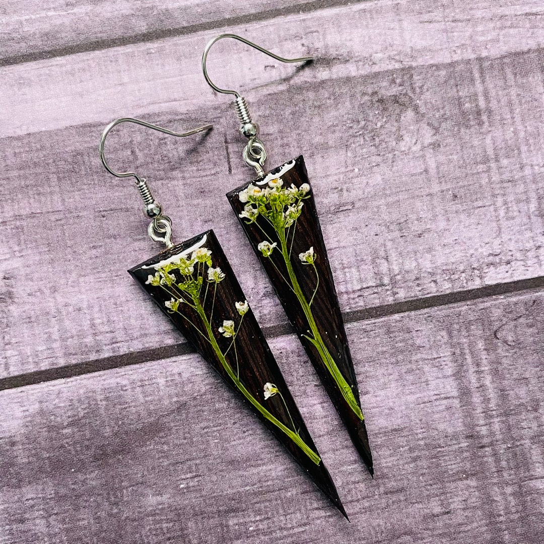 Wood Dangle Earrings Triangle Alyssum White Flower Etsy