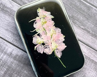 Decorative Tin, Larkspur, Jewelry Case, Resin, Black, Pink Flowers, Pressed Flowers, Altoid-size, Sewing Kit, Purse, Great Gift, Metal