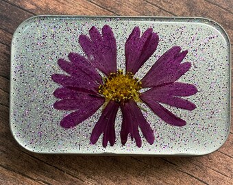 Decorative Tin, Purple Flower, Cosmos, Jewelry Case, Resin, Real Flower, Silver, Glitter, Altoid-size, Sewing Kit, Purse, Great Gift, Metal