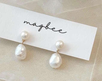 Double Pearl Earrings, 14K Gold Filled Freshwater Pearl Earrings, Pearl Wedding Earring, Baroque Pearl Bridal Earrings, Dangly Stud Earring