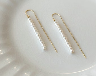 Pearl Threader Earrings, 14K Gold Filled Chain Earrings, Dangly Pearl Earrings, Seed Pearl Chain Earrings, Bridal Earrings, Gifts for Her