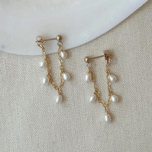 Delicate Pearl Chain Earrings, 14K Gold Filled Dangly Pearl Earrings, Elegant Seed Pearl Earrings, Bridal Pearl Earrings, Gifts for Women
