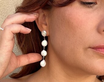 Dangly Coin Pearl Bridal Earrings, 14K Gold Filled Freshwater Pearl Earrings, Pearl Drop Earrings, Wedding Jewelry, Pearl Bridal Earrings