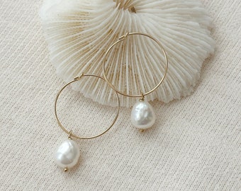 Freshwater Pearl Hoop Earrings, Dainty Pearl Drop Earrings, 14K Gold Filled Dangly Pearl Drop Hoops, Pearl Bridal Earrings, Gifts for Women
