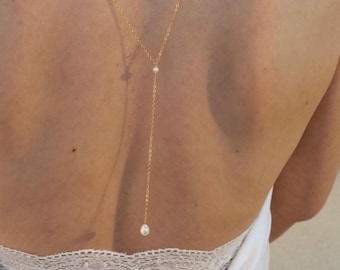 Süßwasserperle Zurück Halskette 14K Gold Filled oder 925 Sterling Silber, Halskette mit Hintergrundkette, Hochzeit Körperschmuck, Zurück Schmuck
