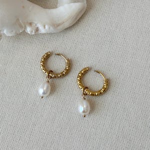 18K Gold Huggie Hoops with Pearl Drops, Oval Pearl Earrings, Stainless Steel Hoop Earrings, Dangly Pearl Earring, Freshwater Pearl Hoops