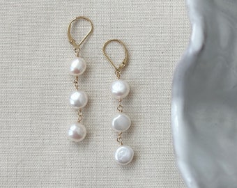 Bridal Pearl Drop Earrings, 14K Gold Filled or 925 Sterling Silver Earrings, Pearl Dangle Earrings, Three Pearl Earrings, Wedding Jewelry