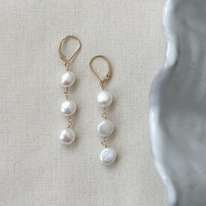 Pearl drop earrings, 3 pearl earrings, baroque Pearl earrings, wedding earrings, bridal earrings, gold and pearl earrings, 14k gold earrings, gifts for mom, dangly pearl earrings