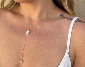 Keishi Perle Y-Halskette, 14K Gold Filled Perle Lariat Halskette, Süßwasserperle Tropfen Halskette, Perle Hochzeitsschmuck, Brauthalskette