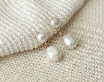 Double Pearl Bridal Earrings, 14K Gold Fill Pearl Drop Earrings, Two Pearl Stud Earrings, Organic Pearl Earrings, Freshwater Pearl Studs