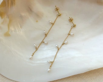 Delicate Pearl Drop Earrings, 14K Gold Filled or 925 Sterling Silver Chain Earrings, Tiny Pearl Dangle Earrings, Dainty Bridal Earrings