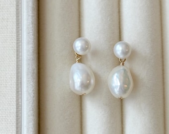 Double Pearl Earrings, 14K Gold Filled Freshwater Pearl Earrings, Pearl Wedding Earring, Baroque Pearl Bridal Earrings, Dangly Stud Earring