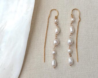 Pendientes colgantes de perlas de agua dulce con cuentas, pendientes colgantes de perlas chapados en oro de 14 quilates, pendientes de perlas mixtas para novias, pendientes colgantes barrocos de perlas