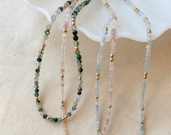 Beaded Gemstone Necklace, 14K Gold Filled Choker Necklace, Colorful Gem Necklace, Aquamarine Rose Quartz or Moss Agate Necklace