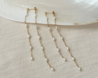 Pearl Bridal Earrings, 14K Gold Filled Genuine Pearl Earrings, Dangly Pearl Earrings, Long Earrings, Pearl Chain Earrings, Wedding Earrings