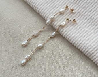 Genuine Pearl Earrings 14K Gold Filled, Fresh Water Pearl Drop Earrings, Mismatched Dangly Pearl Earrings, Irregular Pearl Chain Earrings