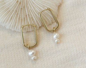 Gold U Hoop Earrings with Pearl Dangle Charms, 14K Gold Filled Hoops, Rectangle Hoops, Dangly Hoop Earrings, Freshwater Pearl Drop Earrings