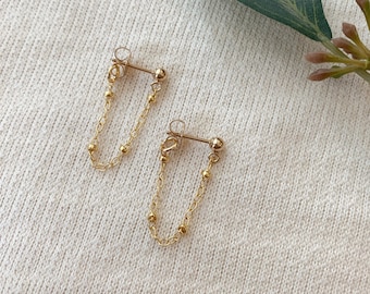 Dangly Chain Stud Earrings, 14K Gold Filled Chain Earrings, Dainty Gold Earrings, Simple Stud Earrings, Minimalist Earrings for Women