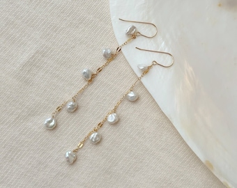 Keishi Pearl Bridal Earrings, 14K Gold Filled Dangly Pearl Earrings, Delicate Pearl Drop Earrings, Wedding Earrings, Long Pearl Earrings