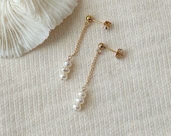 Dainty Pearl Chain Earrings, 14K Gold Filled Minimalist Pearl Earrings, Delicate Stud Earrings, Dangling Pearl Earrings, Gifts for Sister