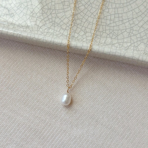 14K Gold Filled Single Pearl Necklace, Freshwater Pearl Necklace, Oval Pearl Necklace, Pearl Solitaire Necklace, Wedding Jewelry