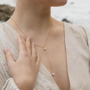 Freshwater Pearl Y Necklace, 14K Gold Filled Pearl Lariat Necklace, Dainty Pearl Drop Necklace, Wedding Necklace, Pearl Bridal Jewelry