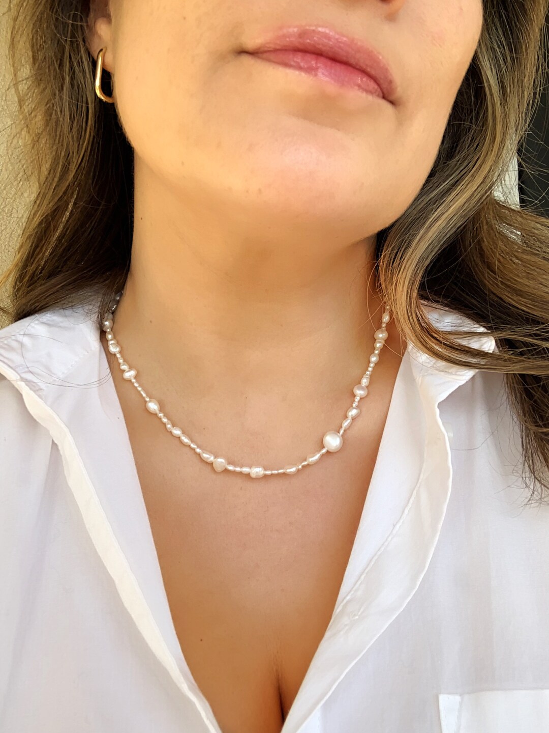 Mixed Pearl Necklace, 14K Gold Natural Pearl Necklace, Dainty