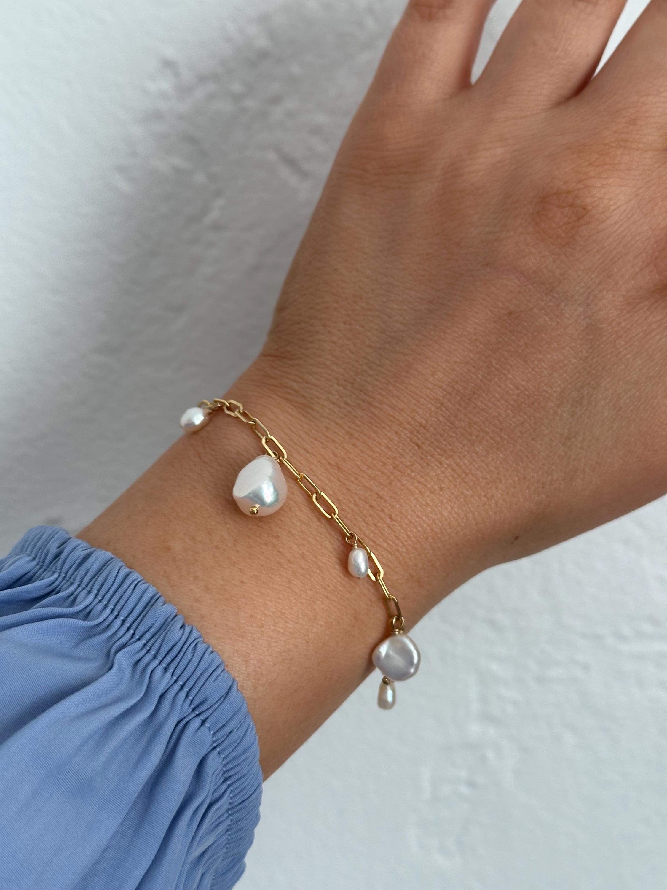 Bracciale A Catena Con Perle E Graffetta – Gioiello Donna Boho Vintage – Bracciale Mano In Lega Con Perle Barocche – Chiusura OT - 3