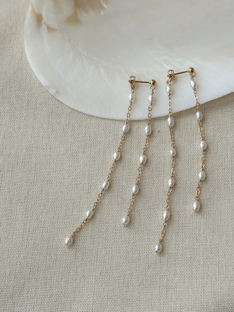Pearl Bridal Earrings, 14K Gold Filled Genuine Pearl Earrings, Dangly Pearl Earrings, Long Earrings, Pearl Chain Earrings, Wedding Earrings image 3